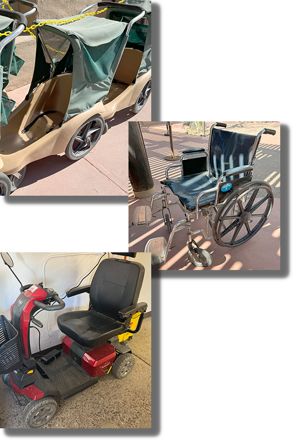 Photos of a stroller, a wheelchair, and an electric scooter