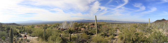 View of a blue sky criss-crossed with wispy white clouds, taken from the Overlook