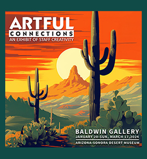 poster for staff art show, painting of a saguaro landscape