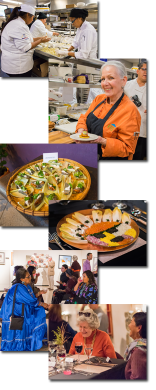 Collage of photos from the dinner - in the kitchen, plated dishes, and diners